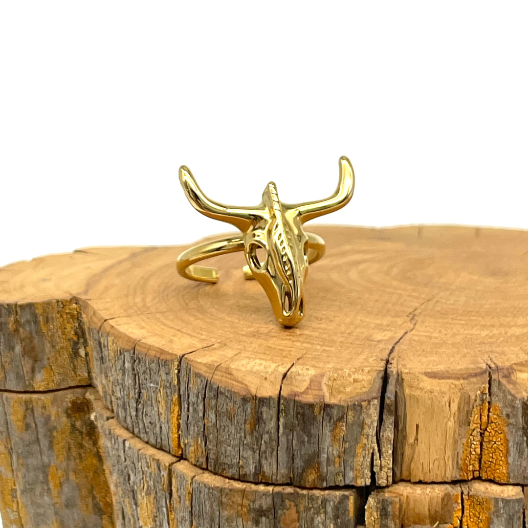 Anillo Cabeza Toro "Texas" Dorado Acero Inoxidable