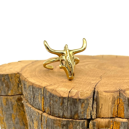 Anillo Cabeza Toro "Puro Texas" Dorado Acero Inoxidable